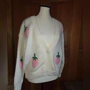 Dreamers by Debut Chunky Oversized Strawberry Cardigan Sweater Sz. S White Pink